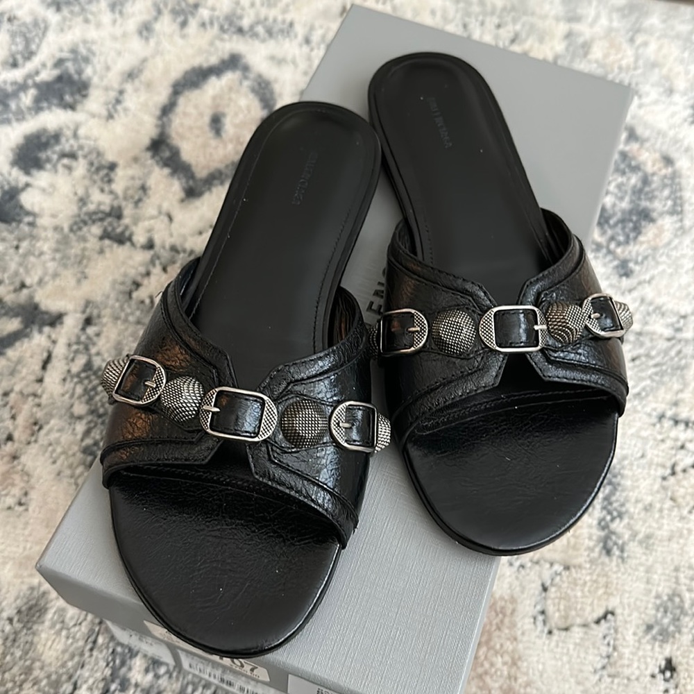 Balenciaga Cagole Black Leather Flat Sandals NEW Size 7.5